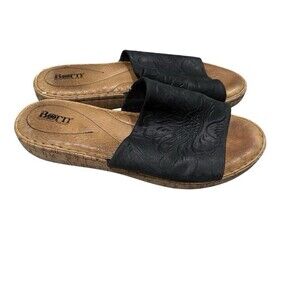 Born Slide Sandals Black Leather F64304 Womens 9 EU 40.5 Stamped Floral Comfort